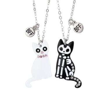 Imagem de Lindo colar de casal com pingente de gato preto e branco, conjunto de 2 peças para mulheres e homens, adorável desenho de zircônia cúbica, pingente de animal, melhores amigas, amizade, presente de