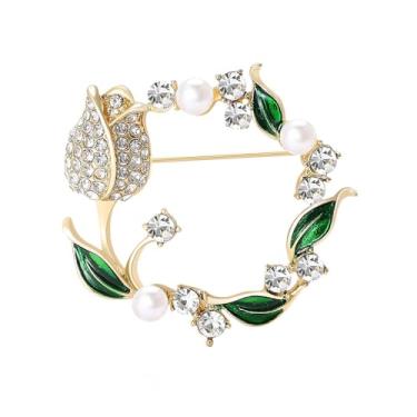 Imagem de Broche de flor de tulipa de cristal branco pérola verde guirlanda broche de lapela broche de flor brilhante para mulheres homens vestido casaco acessórios terno, one size, Zinco, Sem Pedra Preciosa