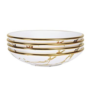 Imagem de fanquare Conjunto de 4 tigelas de macarrão de porcelana, tigela de mármore dourada de 473 ml, tigela de ramen para sopa, salada, sobremesa, 18 cm