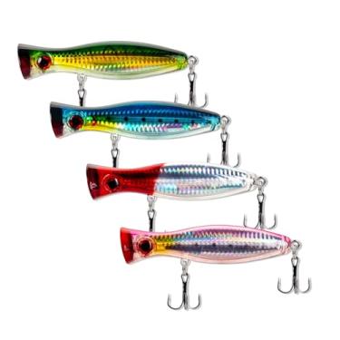 Imagem de Popper de água grande, 4 peças de popper de atum com olhos 3D, iscas de pesca de água salgada para surfe, peixe-azul, pesca Gt Atum Kingfish Grande (4,7 pol)