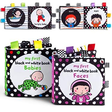 Imagem de Baby First Conjunto de livros de pano macio para atividades, preto e branco de alto contraste, pacote de livro macio e enrugado interativo para bebês, educação precoce do bebê para o desenvolvimento do cérebro com etiquetas, características faciais