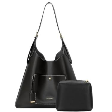 Imagem de ICOLRAE Sacola feminina, bolsa de ombro de couro vegano, moda Hobo, bolsa de mão com bolsa de maquiagem, Preto
