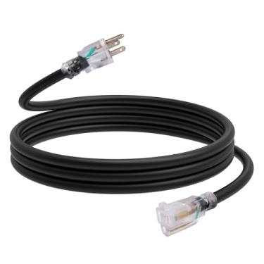 Imagem de EP Cabo de extensão externo de 3 metros, cabo de alimentação impermeável SJTW 12/3, plugue aterrado de 3 pinos, extremidade iluminada, para gramado, jardim, eletrodomésticos, preto