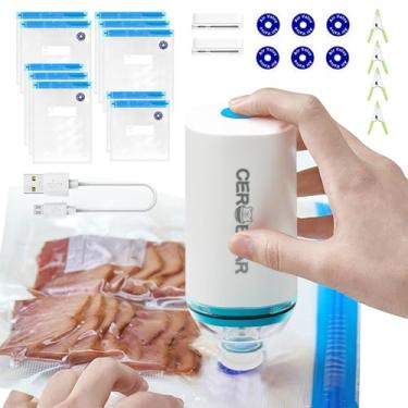 Imagem de Seladora a vácuo portátil, seladora a vácuo portátil para alimentos, kit de vácuo de alimentos com 10 sacos reutilizáveis Sous Vide