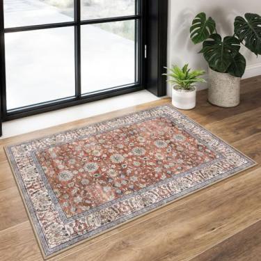 Imagem de KUTA Tapete de entrada de terracota floral vintage 5 x 7 cm, tapete de cozinha antiderrapante lavável, tapete de porta frontal ultra fino e macio para entrada, cabeceira ou espaços pequenos