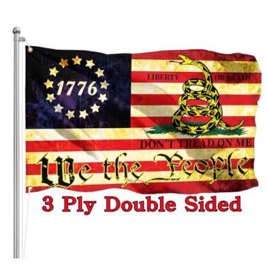 Imagem de Niprden Dont Tread On Me Gadsden Bandeira de cascavel 1776 bandeira 3 x 5 pés 3 camadas dupla face manchadas de chá bandeiras americanas ao ar livre interior decoração patriótica