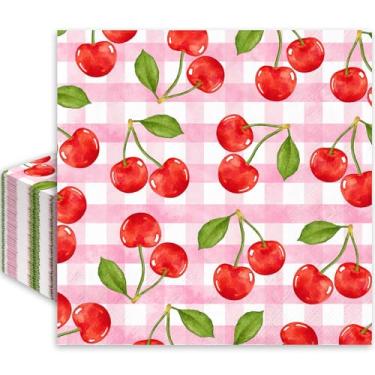 Imagem de Whaline Guardanapos de papel cereja guingão rosa, 50 peças, aquarela, cereja, guardanapos descartáveis cereja no topo, almoço, jantar, guardanapo para aniversário, suprimentos para chá de bebê