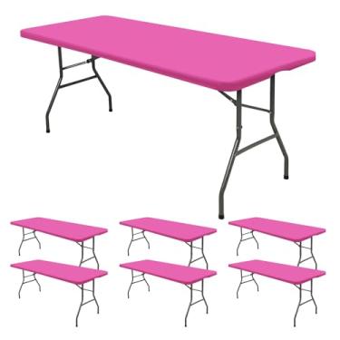Imagem de Pacote com 6 toalhas de mesa ajustadas para mesas retangulares de 1,8 m, capa de mesa elástica rosa choque para piquenique ao ar livre, toalhas de mesa dobráveis elásticas laváveis de 1,8 m para