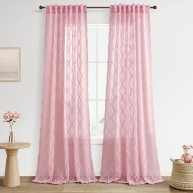 Imagem de Cortinas transparentes rosa de 300 cm de comprimento, 2 painéis, cortinas semitransparentes com filtro de luz para quarto de crianças, quarto de crianças, bolso para varão, padrão geométrico, pompom