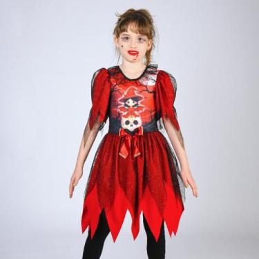 Imagem de Vestido Fantasia Menina Bruxinha Halloween Dia Bruxas Chapéu - Genéric