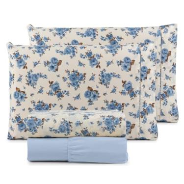 Imagem de LençOl Casal Com Elastico Conjunto De Roupa De Cama,Jogo De LençOl 100% AlgodãO Ponto Palito Estampado 1.98 * 1.58cm (FLORZINHA AZUL)