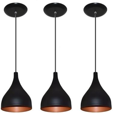 Imagem de Kit 3 Lustres Luminaria Pendente Modelo Funil - Ideal para balcão cozinha americana, bancada (Preto com Cobre)