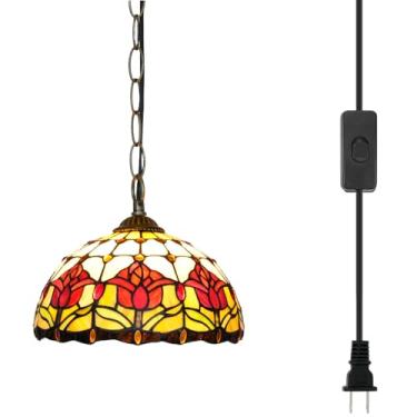 Imagem de Blivuself Tiffany Luminárias Pendentes Tulipas Vermelhas Vitrais Lâmpada Pendurada Estilo Antigo Plug In Light para Casa Cozinha Ilha Jantar Sala de Estar Corredor Balcão Bar