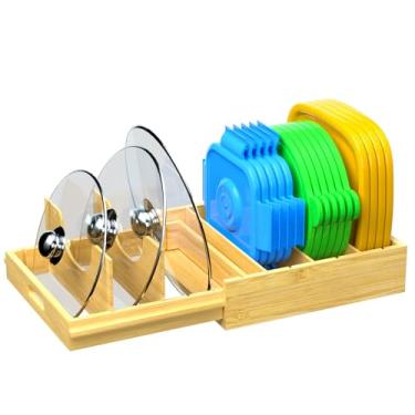 Imagem de HWQBany Organizador de panelas e frigideiras, organizadores de tábua de corte expansível de bambu, organizador de tampas ajustáveis para armário com 5 divisórias ajustáveis para panelas, assadeiras