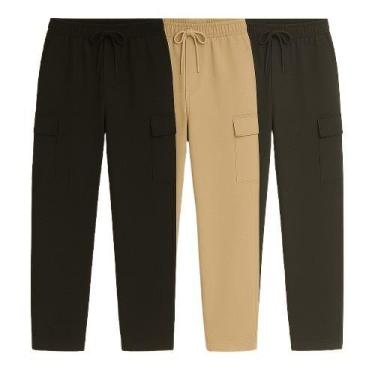 Imagem de Kit 3 Calça Cargo Larga Skate Unissex Bolso Lateral Fechamento Cordão 