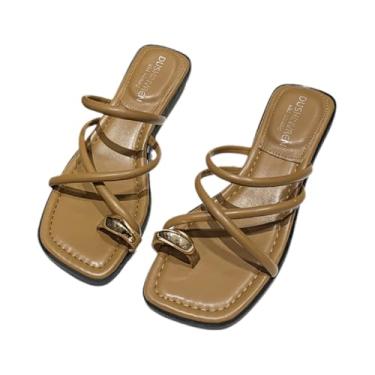 Imagem de LOVEHEYNEW Sandália feminina de couro com tiras de metal na ponta do pé deslizante moderna confortável bico quadrado aberto chinelo de salto baixo casual verão casual diário praia chinelo, Marrom, 37