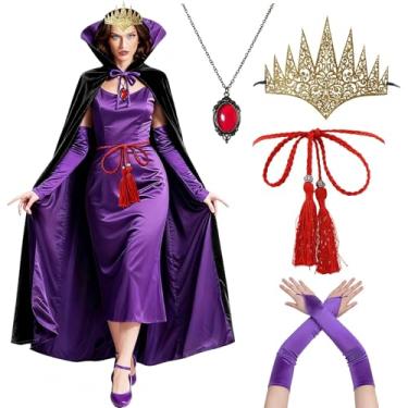 Imagem de 6PCS Black and Purple Reversible Cloak Masquerade Cape Costume Vampire Cloak Crown Necklace Belt Gloves for Halloween Cosplay Princess Queen Party
