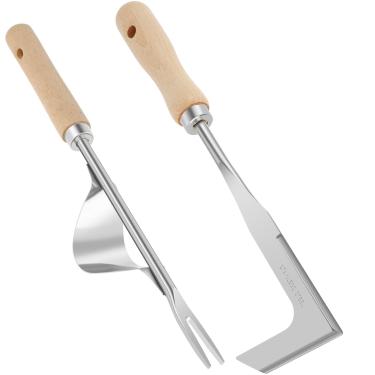 Imagem de 2 peças de remoção de rachaduras, conjunto manual de ferramentas de jardim, ferramenta de remoção de ervas daninhas com cabo de madeira, ferramenta extrator de ervas daninhas de gramado de aço