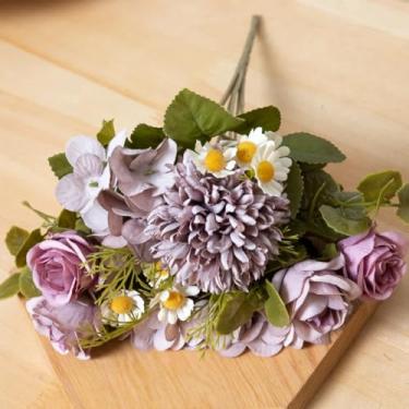 Imagem de Flores artificiais de seda, dente-de-leão para decoração de mesa de casamento, arranjo de Natal, margarida, girassol, acessórios, buquê falso de rosas (roxo)