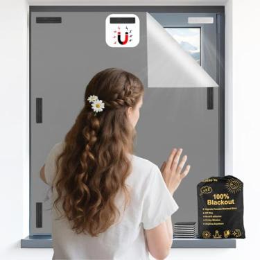 Imagem de Cortina blackout magnética de 150 cm x 144 cm, cortina blackout 100% sem perfuração, instalação magnética forte para berçário, cortinas pretas removíveis para trailer, sala de mídia (cinza)