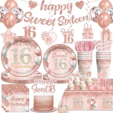 Imagem de cocomigo Decorações Para Festa De 16 Anos Rosa Com Topo Bolo, 25 Porções, Conjunto Talheres Descartáveis Aniversário Anos, 2 Toalhas Mesa, Pratos, Guardanapos E Copos Meninas