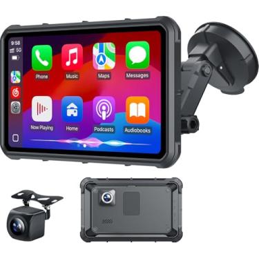 Imagem de Eoyaa Tela portátil Apple Carplay para carro, tela automotiva Android sem fio de 8 polegadas com câmera de painel 4K e câmera de backup 1080P, suporte seguro e forte, navegação, Bluetooth, link