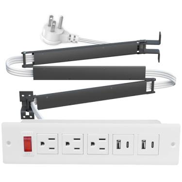 Imagem de JACEPFY Saída de gaveta com estação de carregamento rápido USB C PD20W, tomada embutida, cabo de alimentação 14AWG e braço de gerenciamento de cabo para armários (branco)