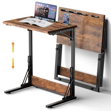 Imagem de Conjunto de 2 bandejas de TV dobráveis, bandeja de jantar de TV, bandejas de TV de altura ajustável para comer no sofá, mesa de canto em forma de C com compartimentos para tablet e telefone, mesa