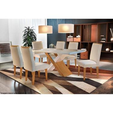 Imagem de Sala de Jantar Completa Imperatriz Tampo Madeirado c/ Vidro Canto Reto 180x90cm e 6 Cadeiras Lunara Imbuia/Off White - Suede Creme - Rufato