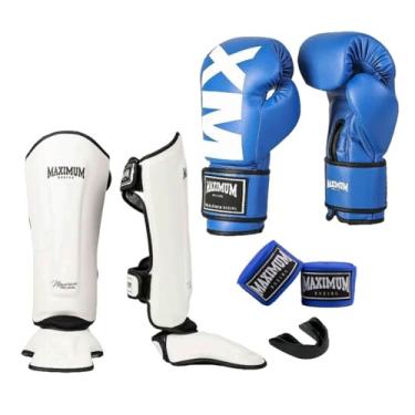 Imagem de Kit Luva de Boxe MXM Azul + Caneleira Muay Thai Classic Branca + Bandagem 3m + Protetor Bucal - Maximum (LUVA 16oz + CANELEIRA G)