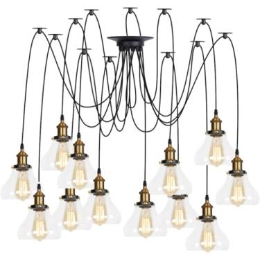 Imagem de Luminária pendente ajustável múltipla DIY teto aranha lâmpada, latão V-intage industrial vidro transparente sombra lustre pendurado iluminação, decoração moderna