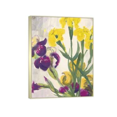 Imagem de BMZFYBS Arte de parede em tela de flores reprodução de pintura famosa - imagens de moldura prateada para sala de estar - pôster e impressões de íris amarelo e azul 70 x 90 cm 27 x 35 pol