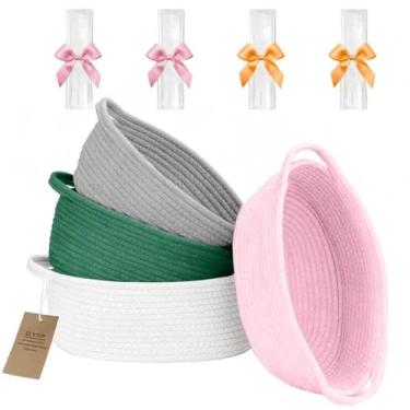 Imagem de ZLYNN 4 cestas de tecido organizadoras de corda de algodão com alça cesta vazia com sacos e fita para aniversário de bebê, Natal, Páscoa, inauguração de casa, casamento de recém-nascidos (30,5 x 20,3