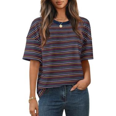 Imagem de Camisa feminina MEROKEETY de verão de manga curta listrada azul marinh