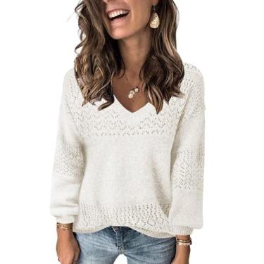 Imagem de Suéter feminino FEKOAFE 2025 com decote em V oco, tricotado branco