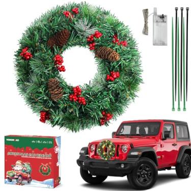Imagem de Guirlanda de carro de Natal iluminada, guirlanda de carro artificial de LED de 33 cm com pinhas, aglomerados de bagas, galhos foscos para churrasqueira dianteira, decoração de guirlanda de Natal