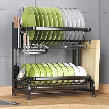 Imagem de Escorredor de pratos preto 201 aço inoxidável bancada de cozinha escorredor de pratos escorredor de louça organizador talheres (tamanho : 3 níveis) (2 camadas)