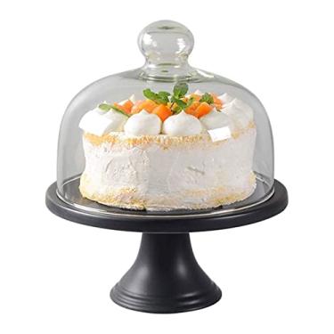 Imagem de WYUYIWH Suporte de bolo de cerâmica preto fosco com tampa de cúpula bandeja de servidor de exibição de bolo retrô americano bandeja de servir multifuncional e prato de cupcake para frutas de cozinha
