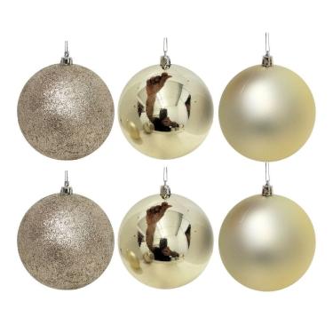 Imagem de Conjunto 6 Bolas de Natal Champanhe Prime Texturas Mistas 10cm Glitter, Brilho e Fosca