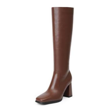 Imagem de Botas de cano alto Modatope Brown para mulheres com salto grosso taman