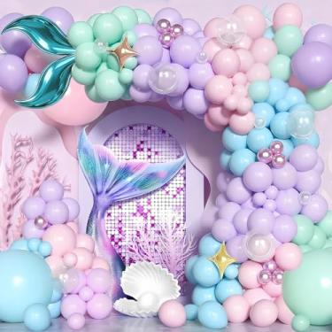Imagem de Kit de arco de balão de sereia, roxo, rosa pastel, balões azuis claros com cauda de sereia, guirlanda de balões de alumínio para festas temáticas de oceano, decorações de chá de bebê