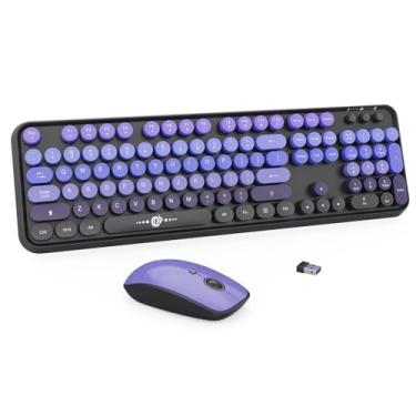 Imagem de FOPETT Combo de Teclado e Mouse Sem Fio - 2,4 G, Tamanho Completo, 104 Teclas Redondas, Design Retrô, Compatível com Windows/PC - Preto e Roxo