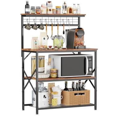 Imagem de Furologee Prateleira para padeiros de cozinha com cabana, estação de cafeteria, 4 camadas, suporte de forno de micro-ondas com 6 ganchos S e placa de estacas, rack de micro-ondas de cozinha para