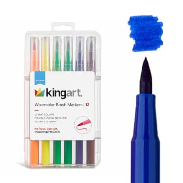 Imagem de KINGART Marcadores de pincel "efeito aquarela" (410-12), 12 cores – marcadores de cores vivas, diário, letras, livros de colorir para crianças e adultos e muito mais, estojo de transporte conveniente