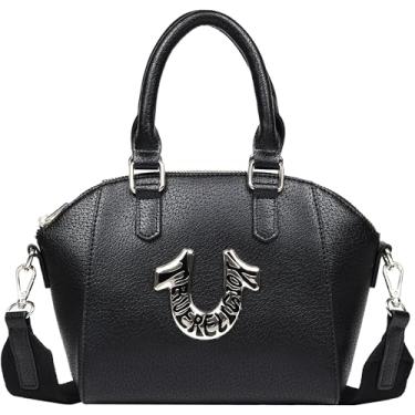 Imagem de True Religion Bolsa Satchel, Mini bolsa retrô em ferradura com logotipo grande, alça destacável e ferragens douradas, preta
