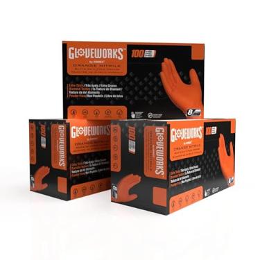 Imagem de GLOVEWORKS Luvas Descartáveis Industriais De Nitrila Laranja Hd, 8 Mil, Sem Látex, Textura Diamante Em Relevo, Tamanho Extragrande, 3 Caixas Com 100 Unidades