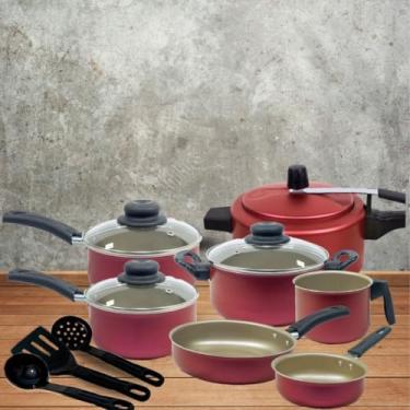 Imagem de Conjunto de Panelas Antiaderente 6 Peças com Panela de Pressão 2,5L – Tampa de Vidro e Utensílios de Nylon (Cereja)