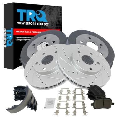 Imagem de TRQ Pastilha de freio e rotor, kit de sapata e tambor premium G-Coated Slotted X Drilled Ceramic Performance Compatível com Toyota Camry 1997-2000 1999-2001 Solara