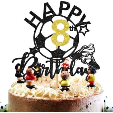 Imagem de Topo de bolo de futebol com glitter feliz 8º aniversário, brinquedos para jogadores de futebol/decorações de bolo de festa com tema de futebol de 8 anos, suprimentos de decoração de festa para meninos