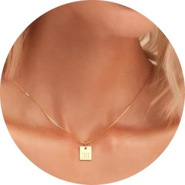 Imagem de Colar com inicial feminina, pingente retangular banhado a ouro 18K, joia mínima de A a Z, colar personalizado, 18+2in, Aço inoxidável, Sem Pedra Preciosa